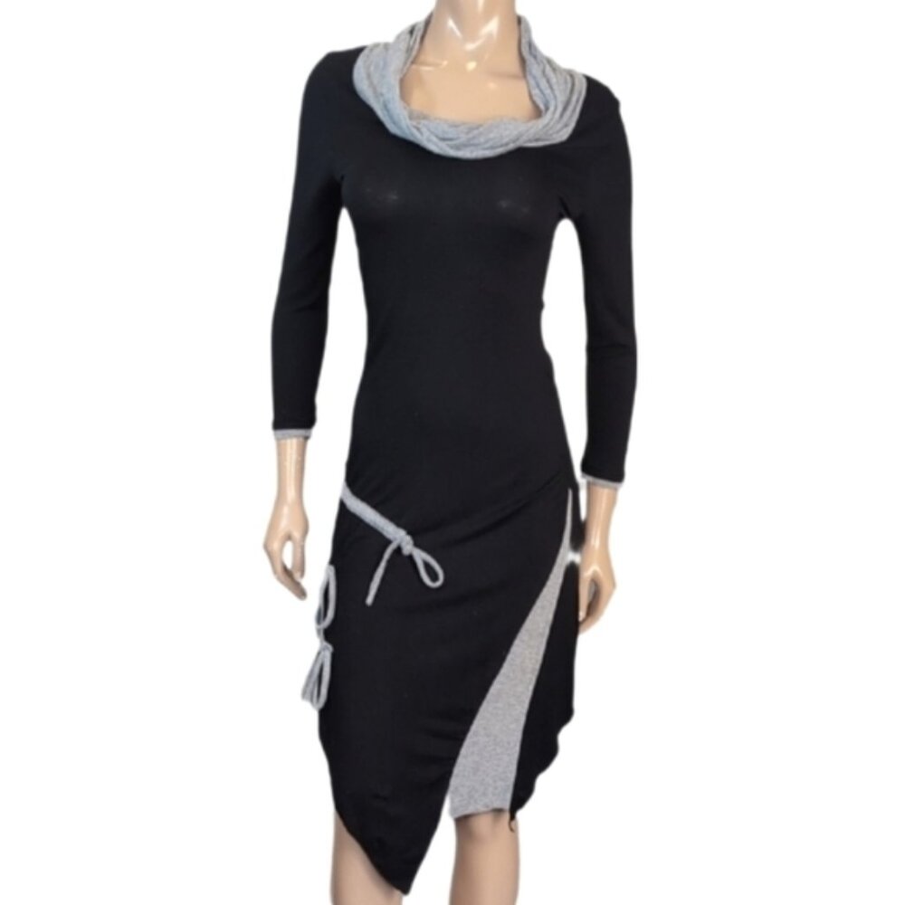 Alison Sheri Cowl Neck Dress Womens Small Black Grey Asymmetric Long Sleeve